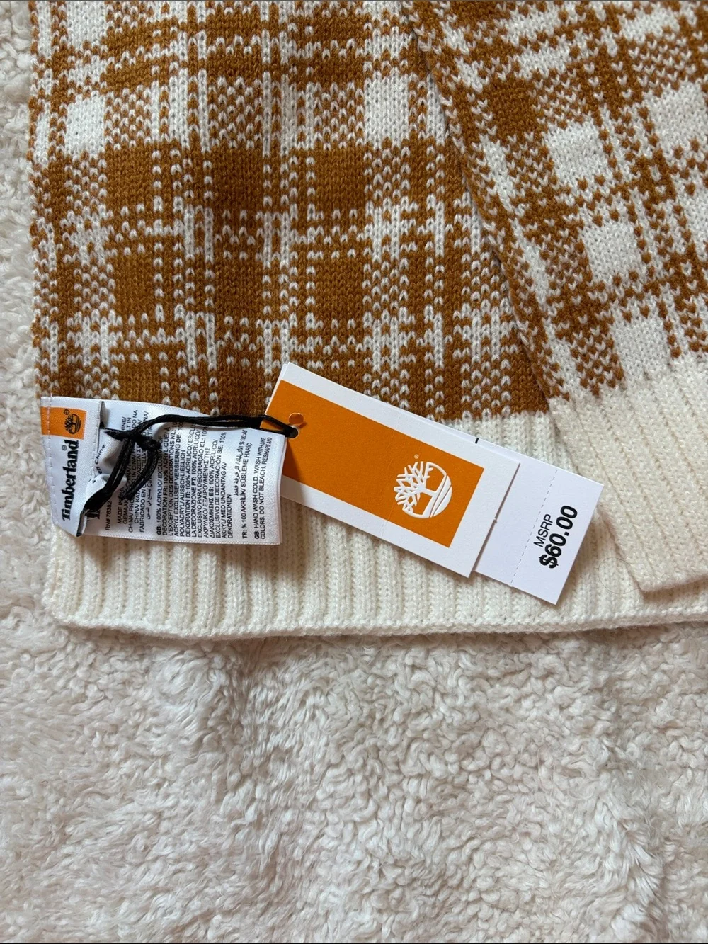 Timberland Cream & Brown Plaid Knit Scarf - Brand Logo Accent